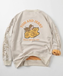 【71】【TOM＆JERRY/トムとジェリー】ジェリー チーズうずくまり/振り返りタフィーたち 裏配色 クルーネック スウェット/トレーナー/オーバーサイズ/ユニセックス/レディース/メンズ