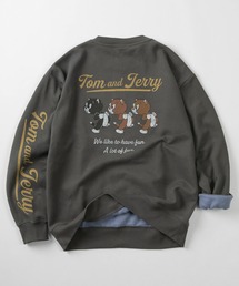 【71】【TOM&JERRY/トムとジェリー】ジェリー チーズうずくまり/振り返りタフィーたち 裏配色 クルーネック スウェット/トレーナー/オーバーサイズ/ユニセックス/レディース/メンズ