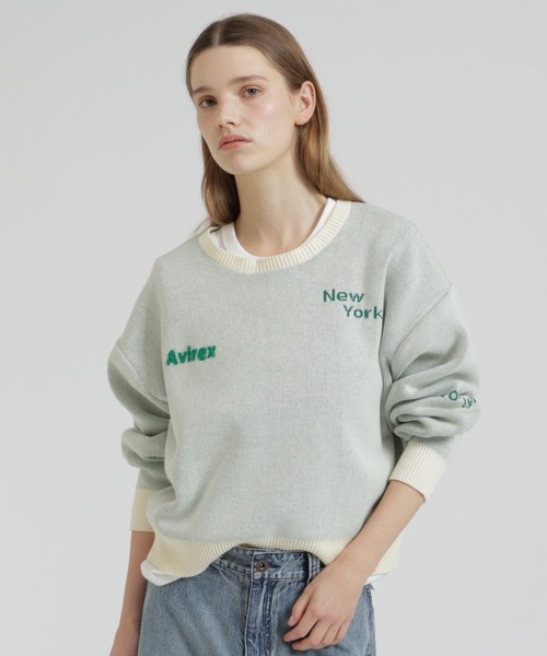 AVIREX(アヴィレックス)の「【直営店限定】LOGO JACQUARD AND EMBROIDERY TOPS(ニット/セーター・レディース・ネイビー/オフホワイト/オレンジ・F)」の2枚目の写真