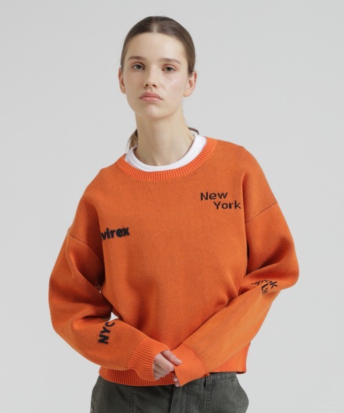 AVIREX(アヴィレックス)の「【直営店限定】LOGO JACQUARD AND EMBROIDERY TOPS(ニット/セーター・レディース・ネイビー/オフホワイト/オレンジ・F)」の3枚目の写真