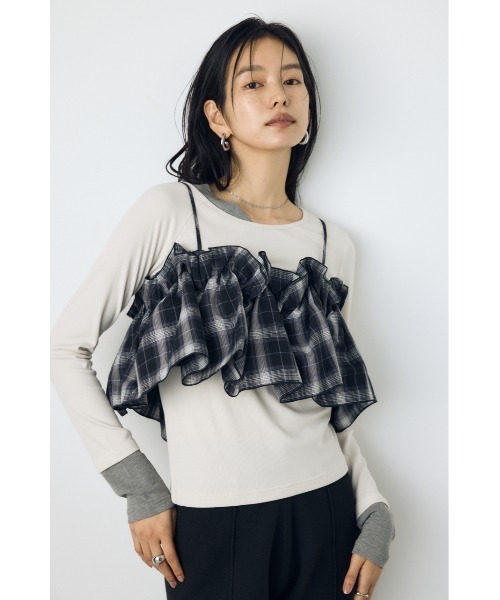 AZUL by moussy(アズールバイマウジー)の「ギャザーフリルキャミソールビスチェ 秋服 冬服 春服 夏服 レイヤード チェック 無地 デザイントップス(キャミソール・レディース・ブラック/ブラック系その他/ライトベージュ・FREE)」の14枚目の写真