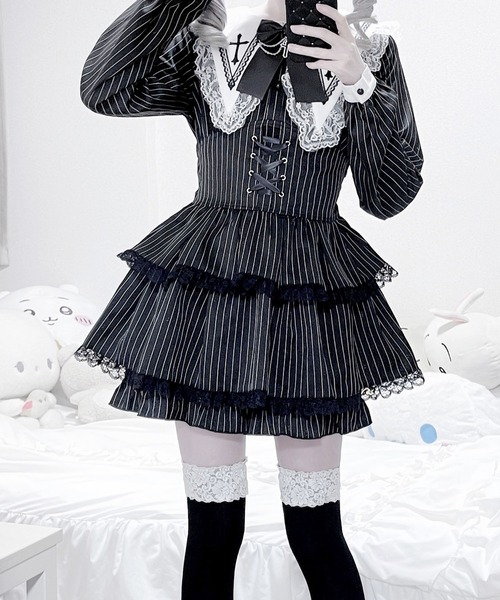 MA*RS(アメーバーマーズ)の「クロス刺繍3段フリルセットアップ 2点SET(セットアップ・レディース・ブラック/グレー/ブラック×ホワイト・FREE)」の9枚目の写真