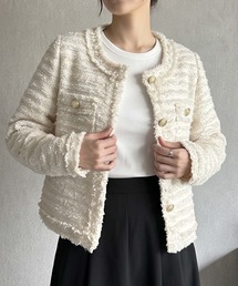 【M～Lサイズ展開】ツイード調ノーカラーニットジャケット