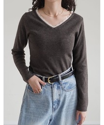 レースレイヤード風Vネックニットトップス