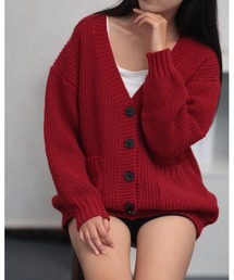 【華奢見せ細見え・6色展開】Vネック リブ編みオーバーサイズニットカーディガン / ルーズシルエット ポケット付きアウター