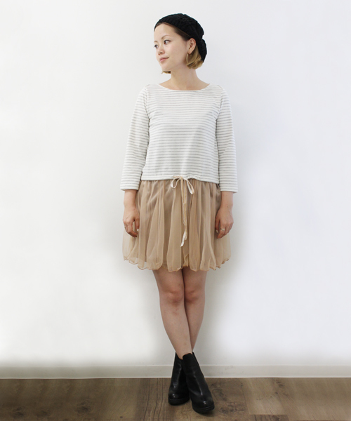 mystic（ミスティック）の「ボーダー×チュールワンピース（ワンピース・レディース・ブラック/オフホワイト/キャメル/オレンジ系その他・ﾌﾘ-）」の3枚目の写真