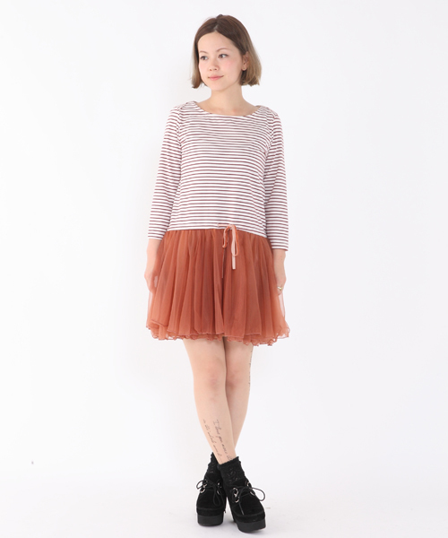 mystic（ミスティック）の「ボーダー×チュールワンピース（ワンピース・レディース・ブラック/オフホワイト/キャメル/オレンジ系その他・ﾌﾘ-）」の4枚目の写真