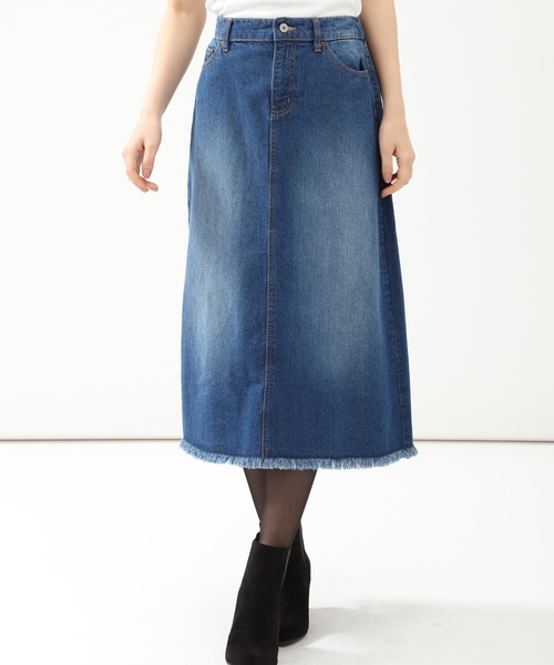 美品★FOXEY/フォクシーモンローデニムスカート インディゴ 裾フリンジ 42 美品☆FOXEY/フォクシーモンローデニムスカート インディゴ 裾