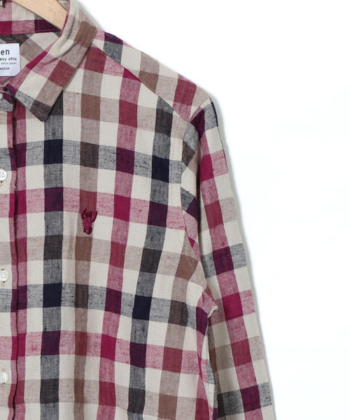 coen（コーエン）の「ウィンターリネンチェックシャツ（シャツ/ブラウス・レディース・ワインレッド/マスタード/ダークグリーン・LARGE/SMALL/MEDIUM）」の6枚目の写真