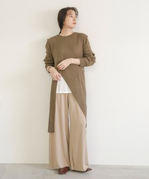 select MOCA | アシンメトリーリブニットワンピース(ラウンドネックハイスリットミモレ丈ワンピース)(ワンピース)