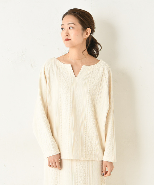 DouDou（ドゥドゥ）の「カットジャガードプルオーバー（Tシャツ/カットソー・レディース・オフホワイト/モカ・FREE）」の12枚目の写真