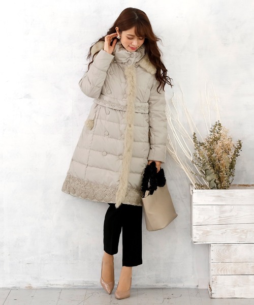 ダブルボタンファーフードロングダウンコート結婚式対応（ダウン