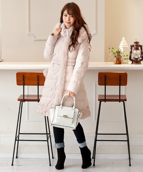 ダブルボタンファーフードロングダウンコート結婚式対応（ダウン