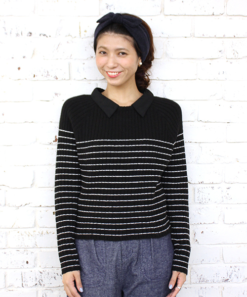 mystic(ミスティック)の「襟付きボーダープルオーバー(ニット/セーター・レディース・オフホワイト/ブラック/グレー/キャメル・FREE/フリ-)」の1枚目の写真