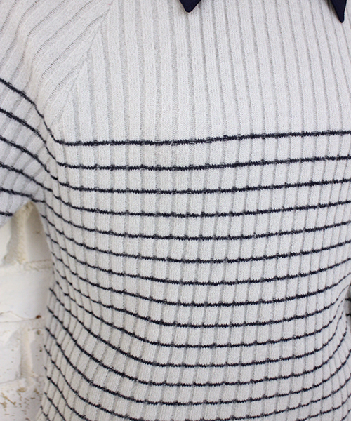mystic(ミスティック)の「襟付きボーダープルオーバー(ニット/セーター・レディース・オフホワイト/ブラック/グレー/キャメル・FREE/フリ-)」の7枚目の写真