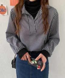 レイヤード風ハイネック千鳥柄ブラウス