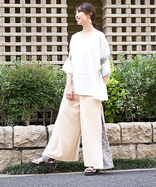 チチカカ（チチカカ）の「リブｘマチ柄ワイドパンツ（その他パンツ・レディース・ブラック/ベージュ/カーキ・FREE）」の6枚目の写真