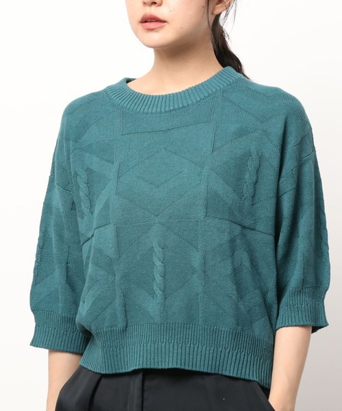 GRANDMA MAMA DAUGHTER（グランマママドーター）の「∴【GRANDMA MAMA DAUGHTER / グランママドーター】ジオメトリックニット GN911961（ニット/セーター・レディース・グリーン/オフホワイト・1/0/2）」の2枚目の写真