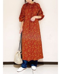 Lugnoncure | レトロ花柄フリルスキッパーワンピース(ワンピース)