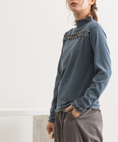 POU DOU DOU（プードゥドゥ）の「起毛テレコ2way配色メロートップス（Tシャツ/カットソー・レディース・イエロー/ブルー/アイボリー/モカ・3）」の8枚目の写真