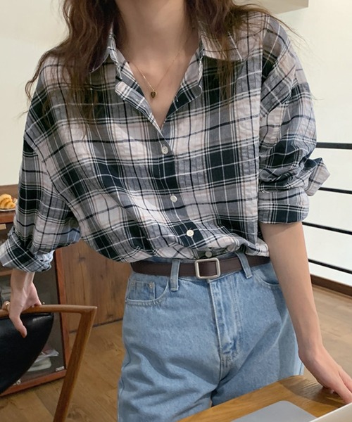 セール】レディース リップル加工ゆるチェック柄シャツ（シャツ