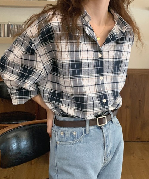 レディース リップル加工ゆるチェック柄シャツ（シャツ/ブラウス