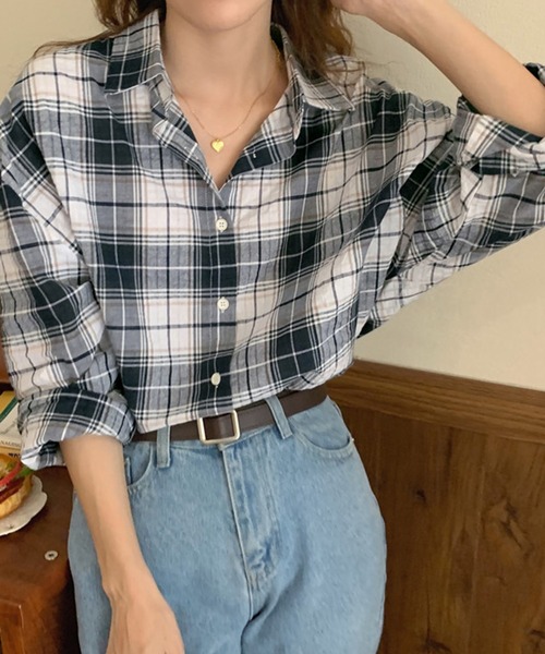 セール】レディース リップル加工ゆるチェック柄シャツ（シャツ
