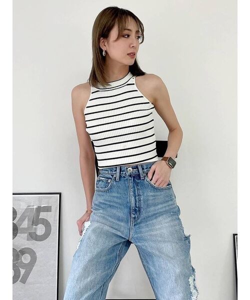 GYDA（ジェイダ）の「アメリカンスリーブタイトニットトップス（タンクトップ・レディース・ブラック/オフホワイト・FREE）」の4枚目の写真