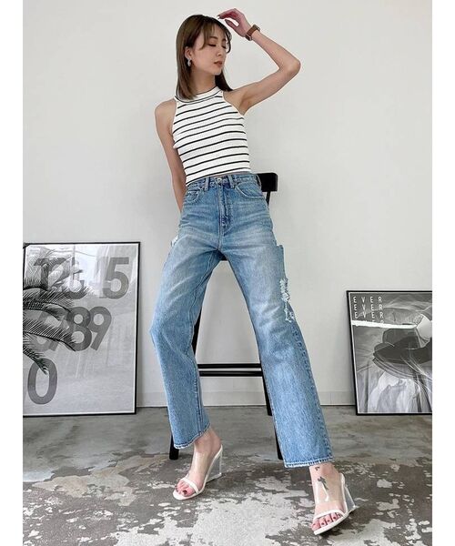 GYDA（ジェイダ）の「アメリカンスリーブタイトニットトップス（タンクトップ・レディース・ブラック/オフホワイト・FREE）」の5枚目の写真