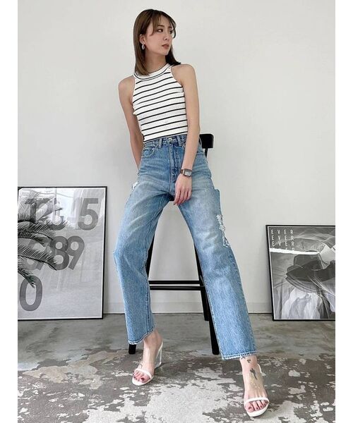 GYDA（ジェイダ）の「アメリカンスリーブタイトニットトップス（タンクトップ・レディース・ブラック/オフホワイト・FREE）」の6枚目の写真