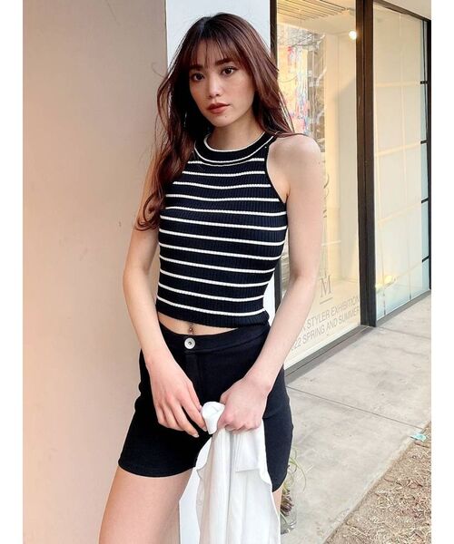 GYDA（ジェイダ）の「アメリカンスリーブタイトニットトップス（タンクトップ・レディース・ブラック/オフホワイト・FREE）」の9枚目の写真