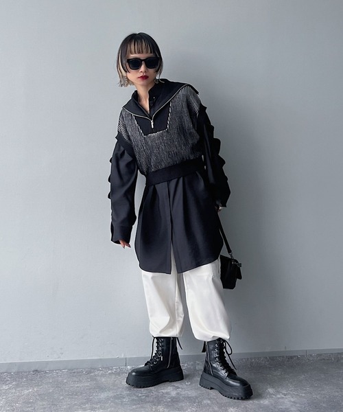 PAGEBOY（ページボーイ）の「CORE / ZIPショートニットプルオーバー（ニット/セーター・レディース・ブラック/オフホワイト・FREE）」の9枚目の写真