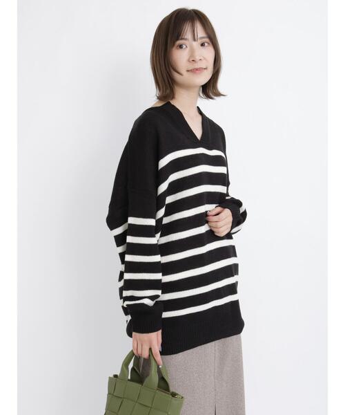 Samansa Mos2 blue（サマンサモスモスブルー）の「◎ボーダー/無地アソートキーネックカフタンニットプルオーバー（ニット/セーター・レディース・オフホワイト/カーキ/ブラック/オレンジ・ﾌﾘ-）」の5枚目の写真