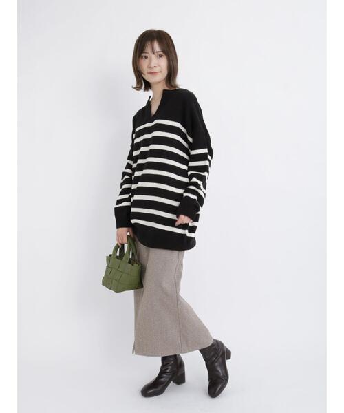 Samansa Mos2 blue（サマンサモスモスブルー）の「◎ボーダー/無地アソートキーネックカフタンニットプルオーバー（ニット/セーター・レディース・オフホワイト/カーキ/ブラック/オレンジ・ﾌﾘ-）」の6枚目の写真