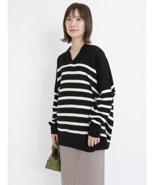 Samansa Mos2 blue（サマンサモスモスブルー）の「◎ボーダー/無地アソートキーネックカフタンニットプルオーバー（ニット/セーター・レディース・オフホワイト/カーキ/ブラック/オレンジ・ﾌﾘ-）」の8枚目の写真