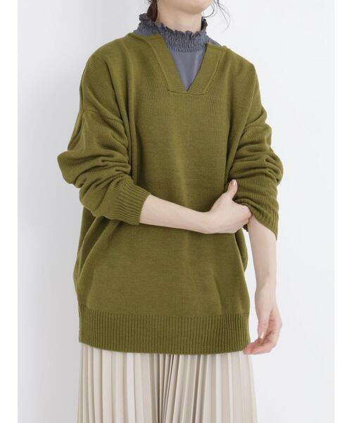 Samansa Mos2 blue（サマンサモスモスブルー）の「◎ボーダー/無地アソートキーネックカフタンニットプルオーバー（ニット/セーター・レディース・オフホワイト/カーキ/ブラック/オレンジ・ﾌﾘ-）」の10枚目の写真