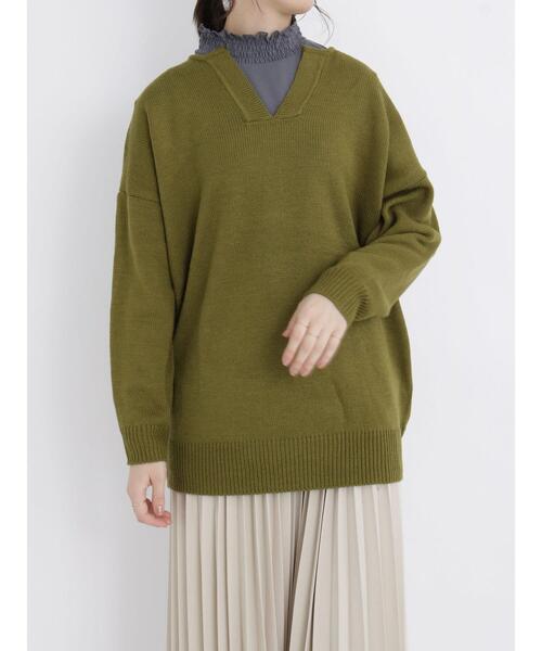 Samansa Mos2 blue（サマンサモスモスブルー）の「◎ボーダー/無地アソートキーネックカフタンニットプルオーバー（ニット/セーター・レディース・オフホワイト/カーキ/ブラック/オレンジ・ﾌﾘ-）」の11枚目の写真