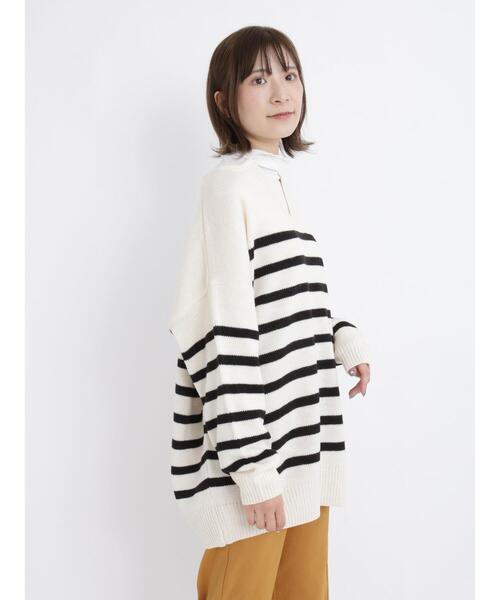Samansa Mos2 blue（サマンサモスモスブルー）の「◎ボーダー/無地アソートキーネックカフタンニットプルオーバー（ニット/セーター・レディース・オフホワイト/カーキ/ブラック/オレンジ・ﾌﾘ-）」の16枚目の写真