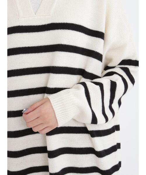 Samansa Mos2 blue（サマンサモスモスブルー）の「◎ボーダー/無地アソートキーネックカフタンニットプルオーバー（ニット/セーター・レディース・オフホワイト/カーキ/ブラック/オレンジ・ﾌﾘ-）」の21枚目の写真