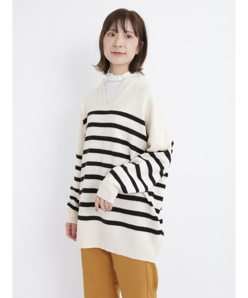 Samansa Mos2 blue（サマンサモスモスブルー）の「◎ボーダー/無地アソートキーネックカフタンニットプルオーバー（ニット/セーター・レディース・オフホワイト/カーキ/ブラック/オレンジ・ﾌﾘ-）」の2枚目の写真