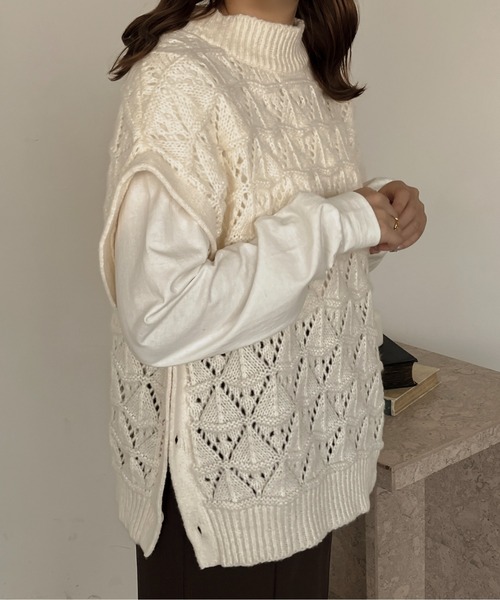 apres jour clair（アプレジュールクレア）の「【apres jour clair】マルチWAY透かし編みニット【ZOZOTOWN限定アイテム】（ベスト・レディース・マスタード/ブラウン系その他/アイボリー・フリー/X-LARGE/FREE）」の20枚目の写真