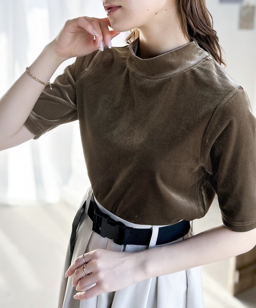 セール】大人のサマーベロア。半袖モックネックトップス（Tシャツ