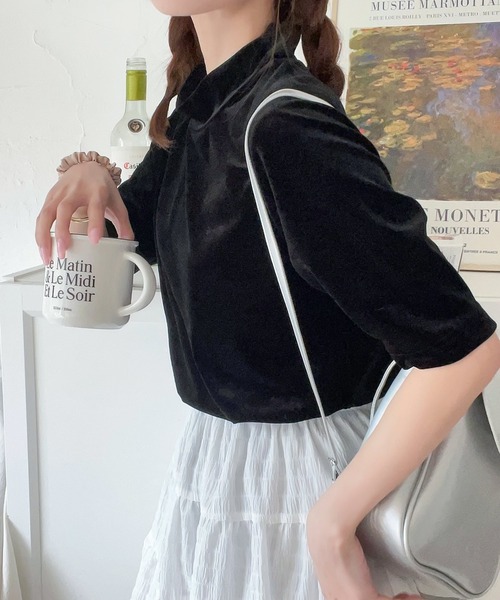 セール】大人のサマーベロア。半袖モックネックトップス（Tシャツ