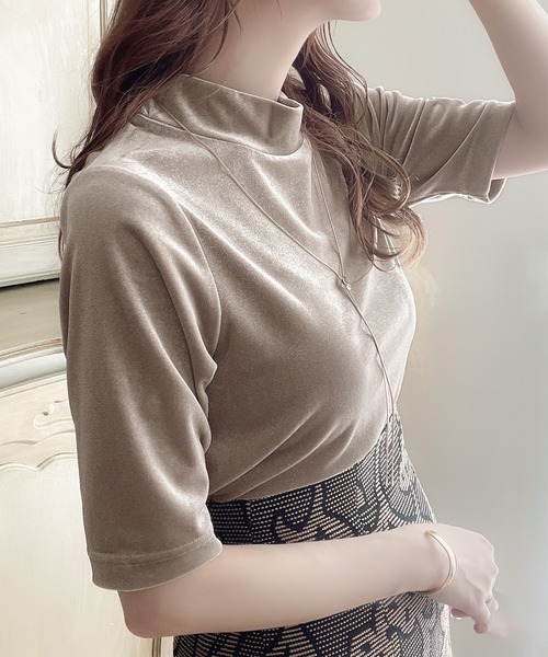 セール】大人のサマーベロア。半袖モックネックトップス（Tシャツ