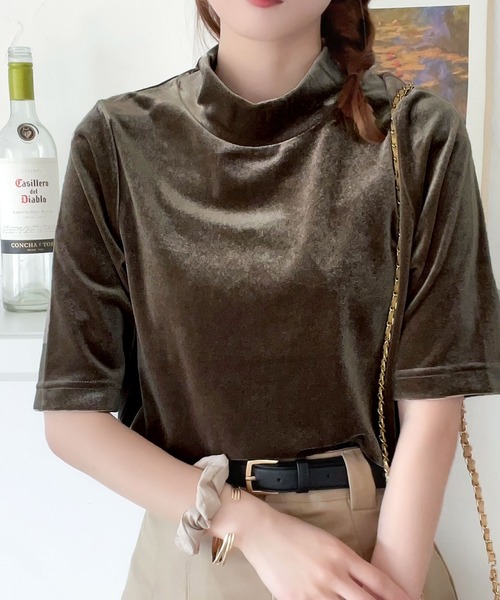 セール】大人のサマーベロア。半袖モックネックトップス（Tシャツ