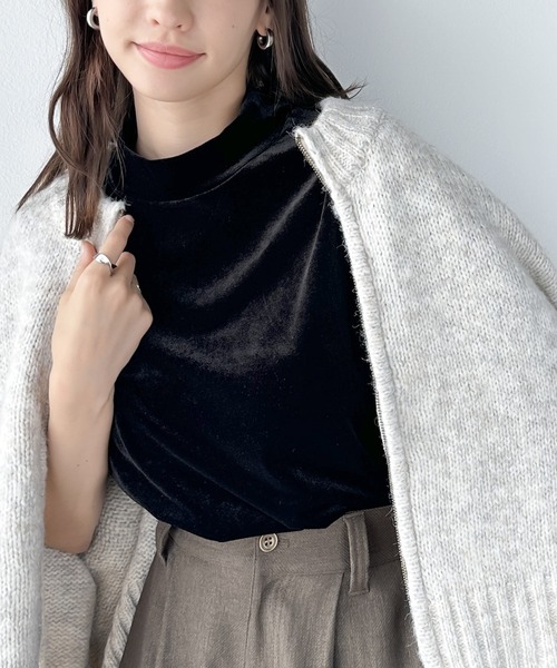 セール】大人のサマーベロア。半袖モックネックトップス（Tシャツ