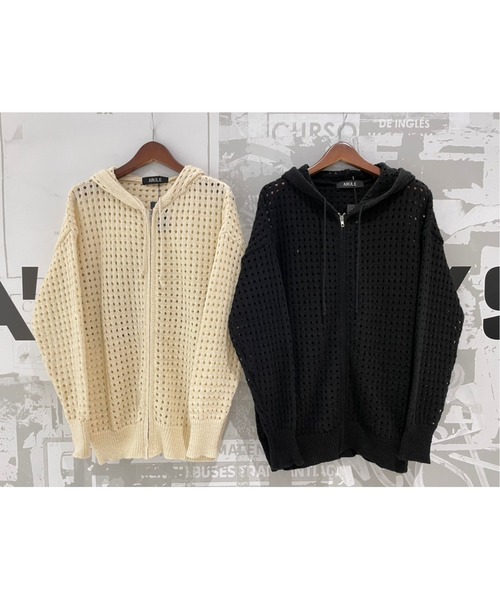 KOM メッシュ編み ブラックパーカー BENDER TOKYO パーカー 「BENDER TOKYO」透かし編み メッシュ