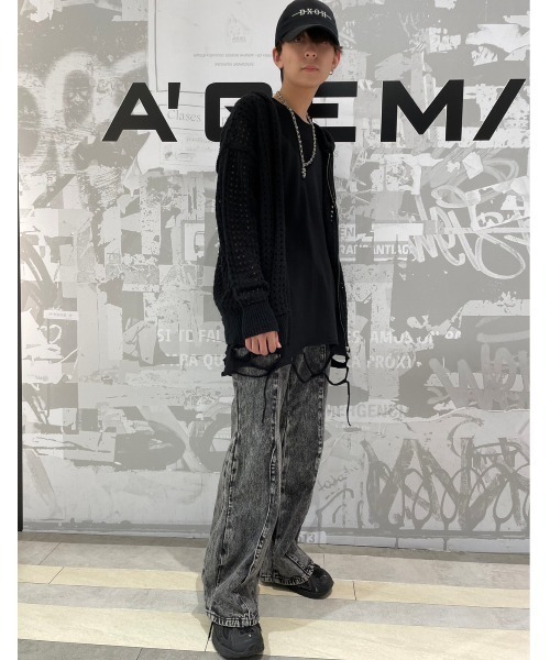 KOM メッシュ編み ブラックパーカー CLEL】Watermark Knitting Mesh Zip Parka/透かし編み メッシュ