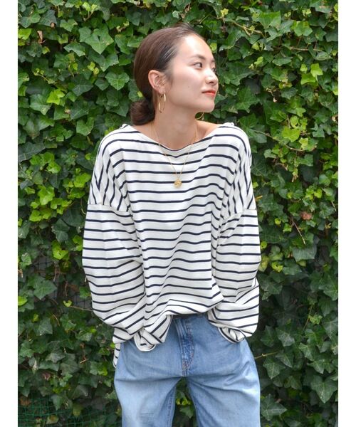 Ungrid（アングリッド）の「サイドスリットルーズボーダーロングスリーブTee（Tシャツ/カットソー・レディース・オレンジ/グリーン/ネイビー/モカ・FREE）」の7枚目の写真