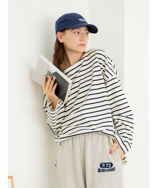 Ungrid（アングリッド）の「サイドスリットルーズボーダーロングスリーブTee（Tシャツ/カットソー・レディース・オレンジ/グリーン/ネイビー/モカ・FREE）」の12枚目の写真